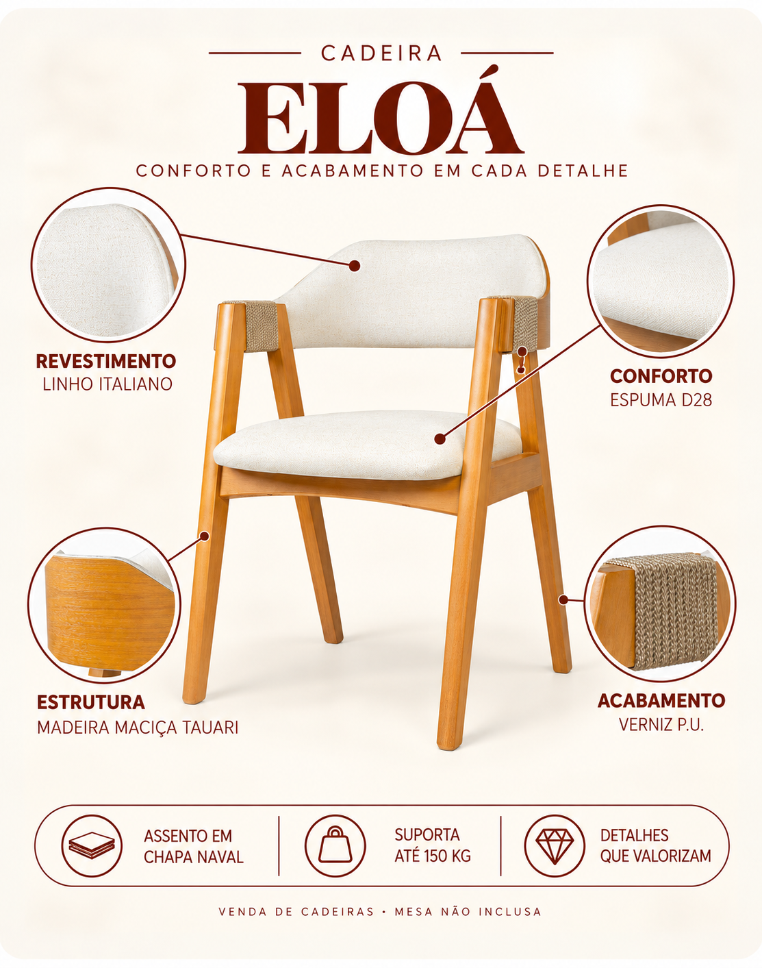 Detalhes da cadeira Eloá: madeira, estofado e acabamento lateral
